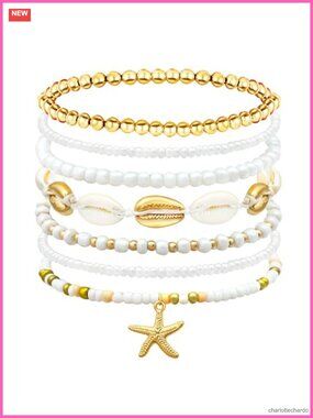 Bohemian Stackable Heishi Surfer Bracelet Set Seashell Starfish Boho Friendship